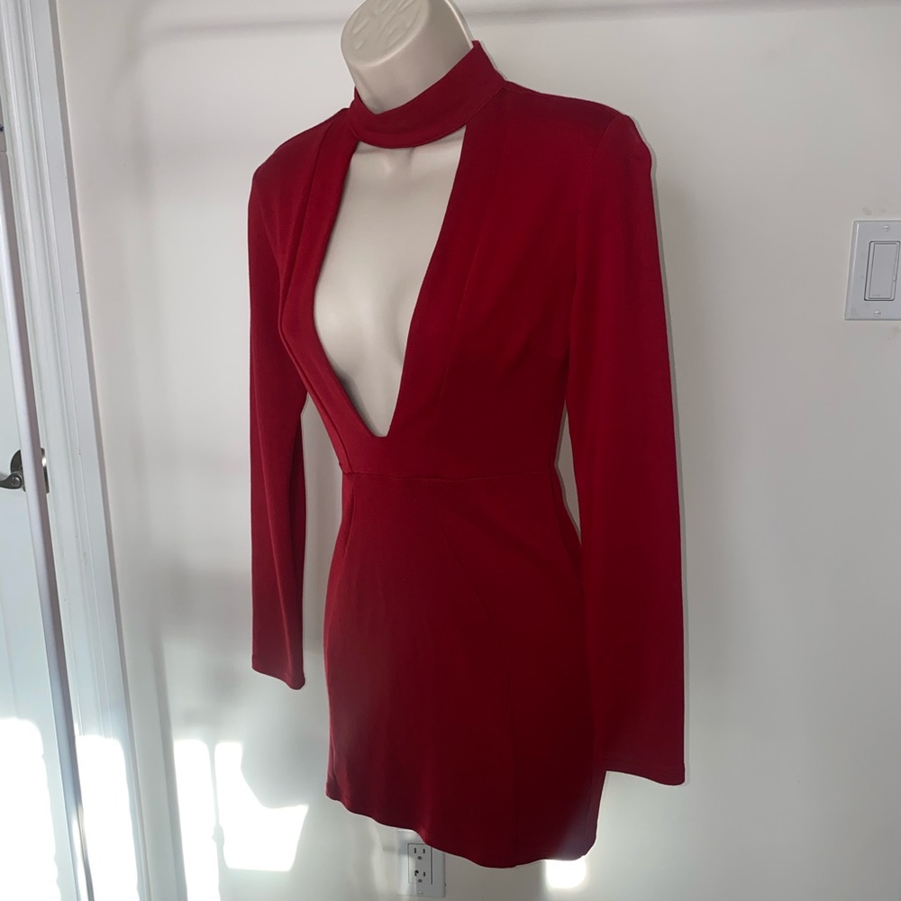 Red deep v neck mini dress